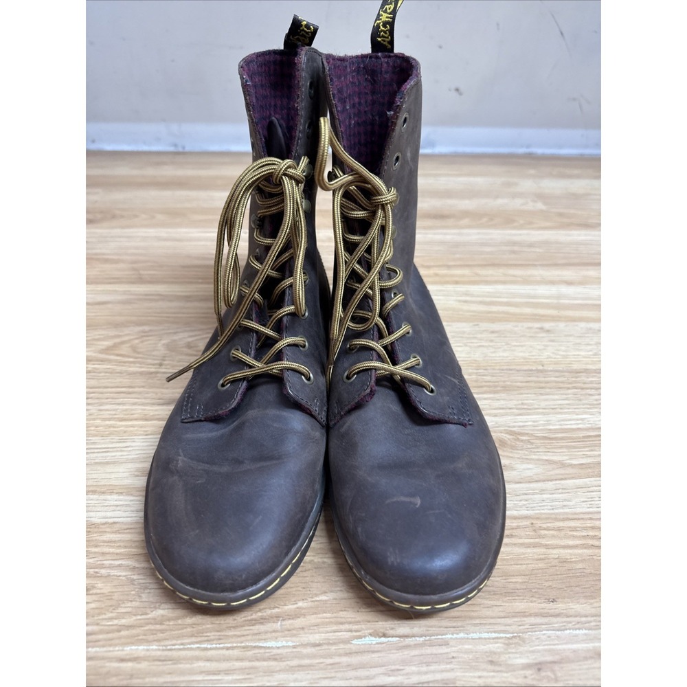 Dr Martens Boots Womens 10 Tehani‎ Fold Down Red Plaid Brown Leather Air Wair - Picture 2 of 6